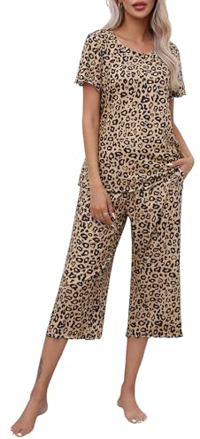 Ekouaer Women's Pajamas Set Short Sleeve Top With Capri Pants Pjs Lounge & Sleepwear SetLeopardXX-Large