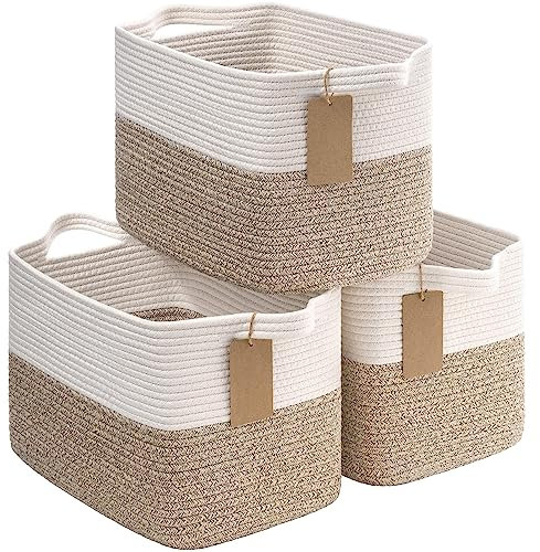 Cotton Rope Storage Baskets for Shelves, Decorative Woven Baskets for Closet Storage, Laundry Basket for Toy Towel Storage, Empty Gift Basket for Bathroom Organizer, 33x25x22.5cm, (Brown, 3 Pack)