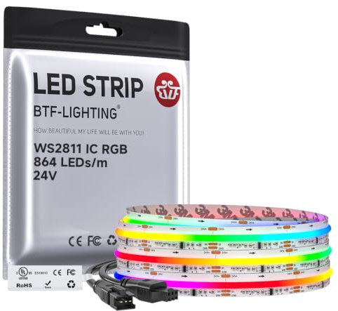 BTF-LIGHTING FCOB RGB WS2811 IC adresserbar LED-remsa DC 24 V 3 m 864 lysdioder/M 12 mm vit PCB Chasing färg flexibel hög densitet LED-band IP30 inte vattentät (endast ränder)
