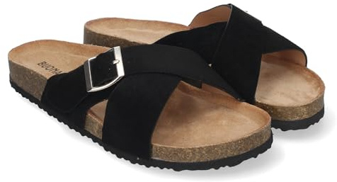 shoes&blues.es 85238 Sandalia Plana de Mujer, Pala entrecruzada, con Planta Anatomica de Bio, y Hebilla, Primavera Verano Negro Talla 40