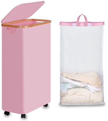 efluky Cesto portabiancheria con ruote, 75 l, pieghevole, con coperchio, rosa, sottile, con manici in bambù e sacchetto rimovibile per camera da letto, bagno, lavanderia