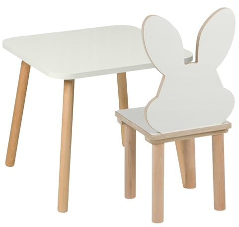 PlayPals Furniture Barnbord med stolar – barn, bordsstolset av trä, 50 x 50 cm – naturliga sittmöbler, trä för barnstolsset kanin