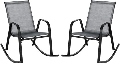 Set di 2 sedie a dondolo ergonomiche con struttura in metallo, per veranda, patio, balcone, prato, cortile e bordo piscina, sedie a sdraio rilassanti, colore grigio, resistenti alle intemperie