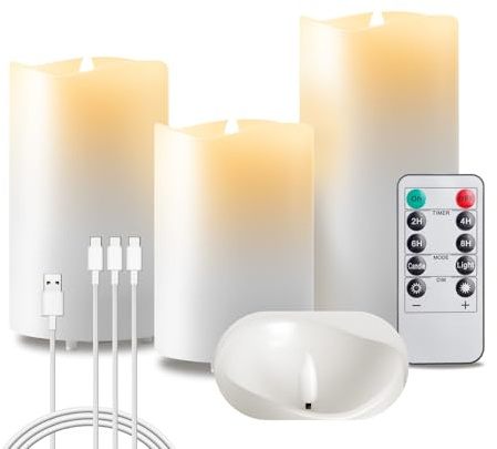 EXTSUD Flamlösa LED-ljus 3 flimrande äkta vax ljus uppladdningsbara LED-ljus med timer och fjärrkontroll 7,5 x 10,5, 13,5,16 cm blockljus för hem bröllop jul halloween festdekor