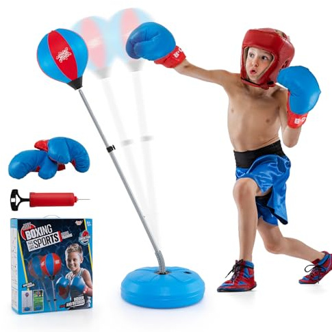 COSTWAY Saco de Boxeo de Altura Regulable de 120 a 154 cm, Punching Ball, Juego de Saco de Boxeo, Saco de Boxeo de Pie con Guantes de Boxeo y Bomba Manual para Adulto y Niños de 8+ Años (Azul)