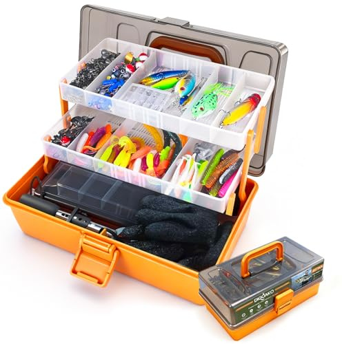 DIGOAKO Large 3-Layer Fishing Tackle Box with Tackle Included, All-in-One 417 Pcs Fishing Lures Kit with Small 2-Sided Box & Gloves for Anglers, Complete Freshwater Bass Fishing Gear, Gift for Men