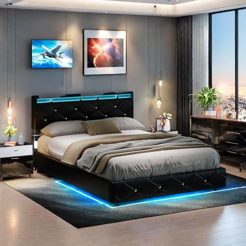 SHAODENG Doppelbett 140x200 mit LED-Beleuchtung & USB-Ladestation, Bett mit lattenrost und Verstellbares Kopfteil, Bettgestell in Schwarz & PU, Jugendbett Funktionsbett ohne Matratze