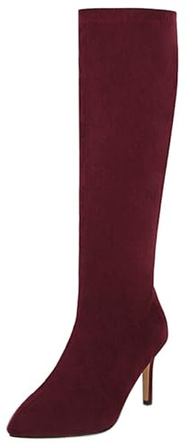 Gicoiz Suède Aiguille Femme Genoux Pointu Bottes Soirée Elegant Booty Zip Hiver Warm Stretch Bureau Talons Hauts Vin Rouge Taille 35 EU