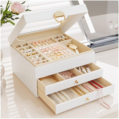 OrderlyGo Large Jewellery Box with 2 Drawers, Modern 3-Tier Jewellery Organiser Storage with Clear Lid & Velvet Lining -Tangle-Free Storage for Necklaces, Bracelets, Earrings, Cloud White