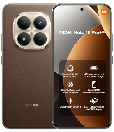 XIAOMI REDMI Note 15 Pro+ 5G - Smartphone de 8+256GB, Pantalla AMOLED 6,83 1.5K AMOLED, Snapdragon 7s Gen 4, cámara de 200 MP, Hypercharge 100W, Cargador no Incluido, café Moca (Versión ES)