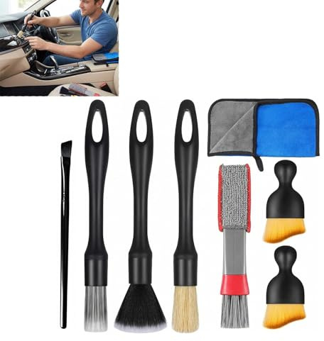 XiDeShop Set de 7 Cepillos de Limpieza para Autos - Kit de Detallado para Llantas, Interiores de Vehículos, Ventilaciones, con Toalla de Microfibra Ultra Absorbente para un Cuidado Completo