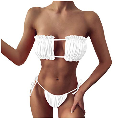 Top Bikini Bandeau Parte de Arriba Bikini Mujer Traje de Baño Mujer Playa Traje Baño Fruncido Acolchado Hollow Up Conjunto Sexy Bikinis 2026 Reductor (White M)