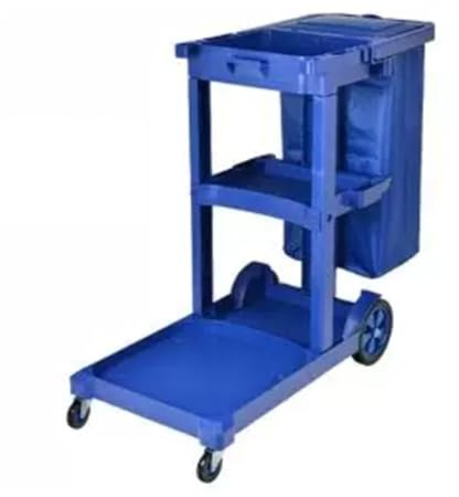 JKJZSALJ Carrello per Pulizie Commerciali A 3 Ripiani con Copertura E Borsa in Vinile, Carrello per Pulizie in Plastica, Carrello per Pulizie su Ruote - Blu