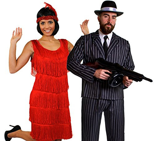 GANGSTER PAAR KOSTÜM VERKLEIDUNG=ROTES FLAPPER FRANSE KLEID+NADELSTREIFEN ANZUG+KRAWATTE+SCHNURRBART +AUFBLASBARER MASCHINEN PISTOLE+HUT-WEISSEM BAND-55cm DURCHMESSER=KLEID-XXLARGE+ANZUG-SMALL