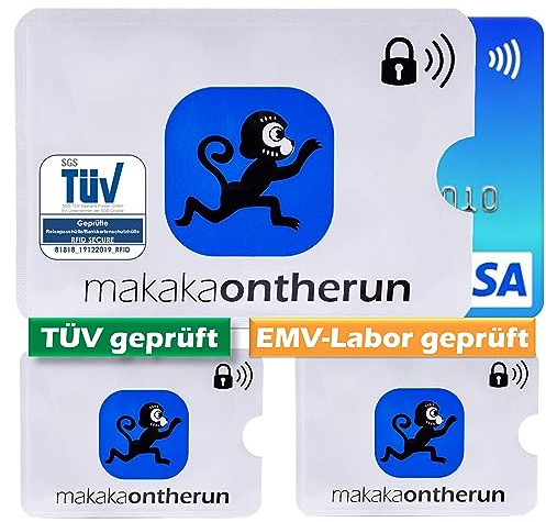 MakakaOnTheRun 3X RFID Blocker Kartenhülle (3fach geprüft: TÜV + EMV + HF-Labor) - EC Karten Schutzhülle, Karten Hüllen für Geldbörsen, Ausweis- & Kartenhüllen, NFC Schutzhülle