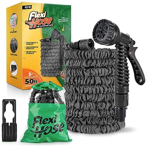 Flexi Hose 50FT Expandable Garden Hose with Solid Brass Fittings, Black | Includes Spray Nozzle with Multiple Functions, Perfect for Garden Watering, Lawn Care, Car Washing & Outdoor Cleaning