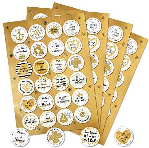 Spruchaufkleber, 96er Set: Runde Sticker mit Sprüchen, Aufkleber Rund, Spruch Liebe & Freundschaft, Geschenkaufkleber Sprüche, Zum Aufkleben, Erwachsene & Kinder, Geschenk Geburtstag, Gold, ⌀ 4 cm