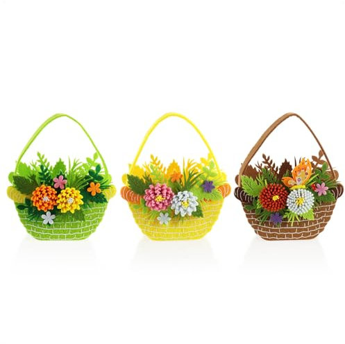 com-four® 3x Cesto pasquale in feltro - cestino da riempire - sacchetto di feltro per regalo - Cestino di Pasqua dai colori vivaci (3 cestini - composizione floreale)