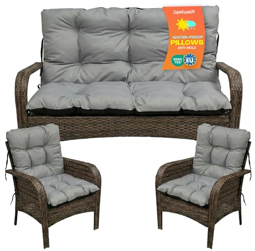 SuperKissen24. Coussin Dossier pour Banc de Jardin Canapé - 120x50 cm et Appui 120x60 cm + 2X 48x96 cm Coussin de Chaise Longue - Bain de Soleil - Intérieur/Extérieur - Imperméable - Gris