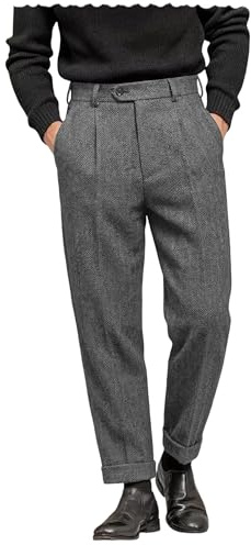 AeoTeokey Men's Suit Pant Herringbone Tweed Dress Vintage Trousers Casual Thick Wool Pleated Front
