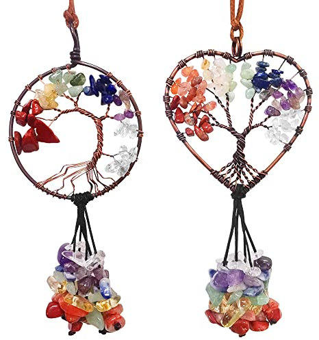 2 piezas Árbol de la vida Accesorios del espejo retrovisor, AFUNTA 7 cristales de chakra y piedras curativas Siete colores de piedra para colgar coches accesorios Buena suerte decoración de pared