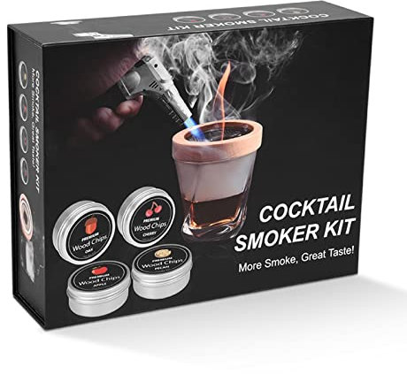 Ruiqas Kit de Fumoir pour Whisky avec Copeaux de bois avec Torche et 4 Saveurs,Kit Fumoir Cocktail Cadeau pour Homme, Papa, Mari