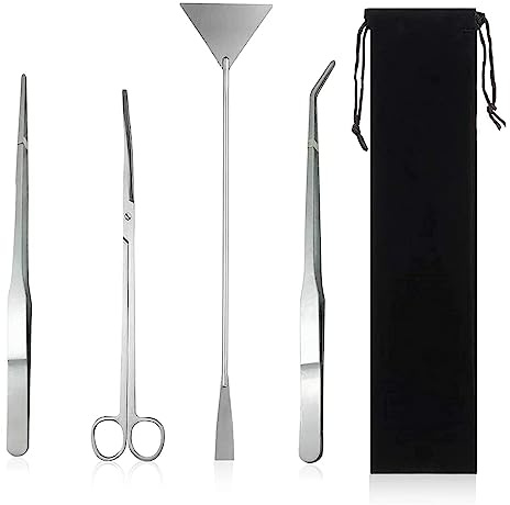 Vueinrg 4 en 1 Aquarium Aquascaping Kit, Outils D'Aquarium en Acier Inoxydable, Ciseaux Aquariums Pinces Spatule avec Sac de Rangement Noir Accessoire Aquariums Aquascaping Outil pour Aquarien