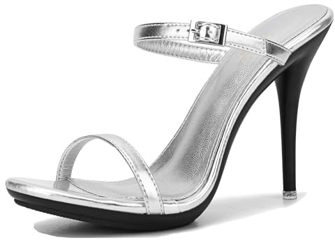 Hanfike Sandalias de tacón alto con dos correas para mujer, plata, 40 EU