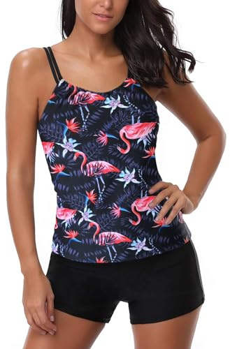 AYEEBOOY Women's Tankini Sets Tummy Control High Waist Swimsuit with Boyshort Plus Size Floral Halter Swimwear(7Flamingop,XXL)