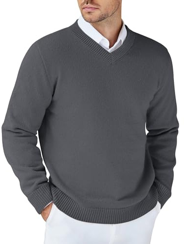 COOFANDY V-ringad herrtröja stickad tröja vintertröja långärmad herrtröja V-ringad stickad tröja normal passform, Mörkgrå, L