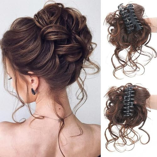 1 Stück Haargummi mit Haaren,Dunkelbraun Haarteil mit Klammer,Voluminös Curly Synthetik Messy Bun mit Clip,Curly Messy Bun Haarteil,für Damen Mädchen