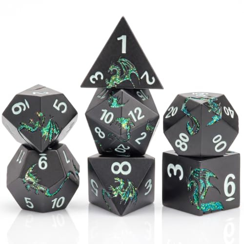 HNCCESG Set de 7 dés JDR en métal, dés polyédriques DND en Alliage de Zinc avec Dragon 3D et Coffret Cadeau magnétique, pour Jeux de rôle sur Table (Noir Vert pailleté)