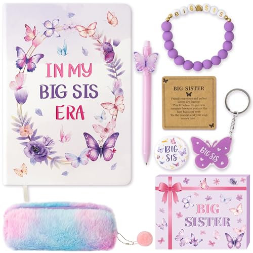 CY2SIDE Regalos de mariposa para hermana mayor, juego de 7 piezas con texto en inglés In My Big Sis Era, incluye cuaderno morado, bolígrafo, bolsa de felpa y llavero y tarjeta de felicitación, idea