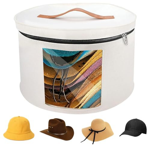 BlyeMichdi Scatole per Cappelli Rotonde da Viaggio, Portaoggetti per Cappelliera Rotonda con Cerniera, Contenitore Portatile per Cappelli con Cerniera, Finestra Trasparente e Manici, 40x 25cm,Bianco