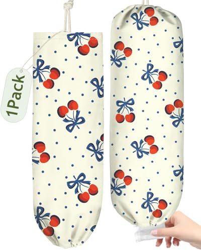 Kokaaee Plastic Bag Holder, Grocery Bag Organizer - 1 Pack Cute Kitchen Dispenser Holders Reusable Shopping Western Hanging Wall with Adjustment Drawstring Closure for Women Home, Cherry