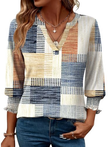 Rapbin Bluse Damen 3/4 arm langerm V-Ausschnitt Tunika Sommer Tops Locker Shirt Elegant Lässig Oberteil 2025 (M, Orange-blaues Karomuster)