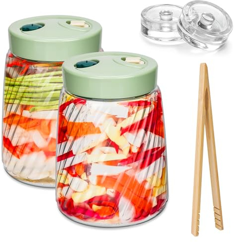USHOP 2 Tarros de Fermentación de Vidrio 1.4l con Doble Válvula,Tarro de Fermentación,Fermentacion Frascos de Vidrio con Tapa,Frascos Herméticos para Kimchi, Chucrut, Conservas y Almacenamiento