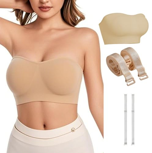 GWAWG Soutien-Gorge sans Bretelles Femme Bandeau Push-Up sans Armature Invisible Bonnets Fixes Bretelles Amovibles Robes Mariages (FR/ES, Alpha/Lettres, S, Taille Normale, Taille Normale, Beige)
