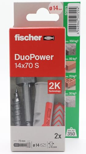 fischer - Duopower 14x70 Con Tornillo - 2U, Tacos para pared multimaterial, sirven para Colgar Bicicletas, Cuadros, Armarios, Soportes de Televisión, Estanterías, Muebles.