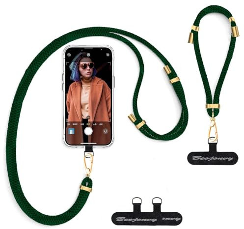Beojonvy Cordino per Cellulare Universale, Cordino Regolabile Senza Custodia con Fascia per Polso e 2 Patch, Adatto a Tutti Gli Smartphone per Vacanze Outdoor, Verde Scuro