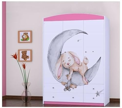 BDW - Armadio con Cassetti - 128cm di Larghezza, 190cm di Altezza - Armadio da Corridoio a 3 Ante, con Appendiabiti e Ripiani - per Camera da Letto, dei Bambini - Rosa 5