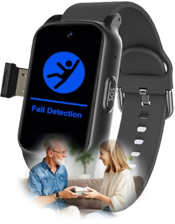 VCYEX Reloj Personas Mayores, Detección De Caídas Y Botón De Emergencia SOS, Videollamadas, Reloj Inteligente para Demencia/AlzheimerBlack,1.25 * 0.57 * 2.22inch