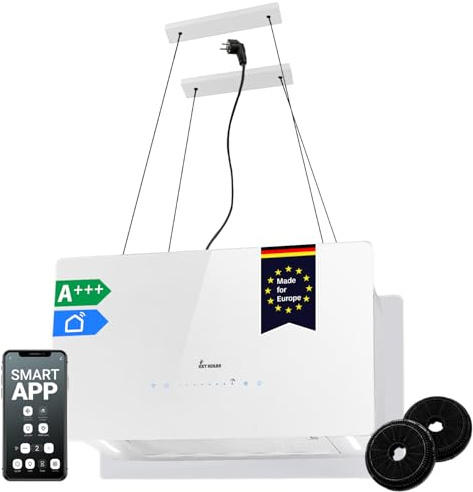 KKT KOLBE A+++ CUBE60FW - Cappa aspirante 60 cm, 764 cbm/h, 9 livelli | Smart WiFi App WiFi | Cappa a isola sospesa | Montaggio a soffitto | Bianco | Vetro | Illuminazione a LED | Ricarica automatica