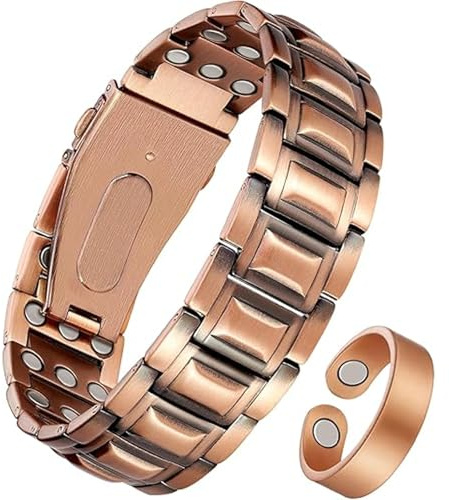 LuminaVerde Bracciale in Rame Uomo, Bracciale Magnetico Uomo Rame 99,9% Puro con Misura Regolabile e Scatola Gioiello