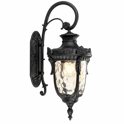 TkTsjtle Aplique de pared exterior negro, farol exterior moderno con vidrio texturizado, luminaria de aluminio resistente al agua y al óxido IP44, base E26, fácil instalación, para puerta principal, p