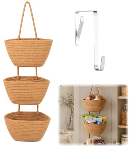 Wismont 3-Tier Cotton Rope Hanging Wall Basket, Christmas Tree Decor Over the Door Storage Organizer, Foldable Wall Mount Hanging Baskets for Bedroom Bathroom Kitchen (Beige Khaki Green)