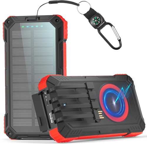 Power Bank Solar 56800mah con función de Carga inalámbrica, Impermeable Viene con 5 Salidas 3 entradas, Linterna, mosquetón, Qc 30 y USB C PD 20w para teléfonos portátiles, tabletas (Red)