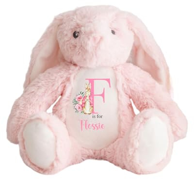 Hoolaroo Personalised Bunny Rabbit Letter Name Baby Gift For Newborn Girl Teddy Bear 23cm New Baby Present Easter Pink Bunny - Pink Print