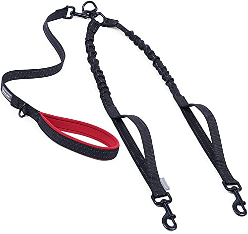 VIVAGLORY Double Dog Lead Twinlead Dual Dog Lead with Soft Padded Double Handle & Traffic Handle for Training Walking, Heavy Duty Anti Pull Bungee Flective & Tangle Freere, 147-168cm, Black