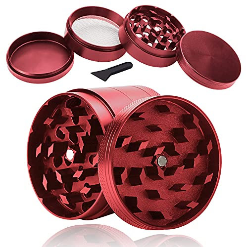 Pollen Grinder Crusher, Zinklegierung Kräutermühle, für Spice,Kräuter,Gewürze,Herb,Kaffee 4-teiliges Set mit Pollen Scraper, Rot